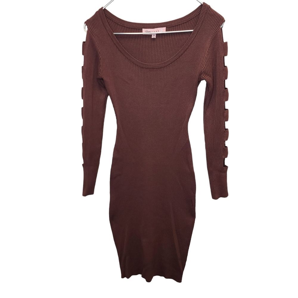 Crave Fame Juniors Scoop Neck Lattice Sleeve Ribbed Brown Bodycon Midi Dress M